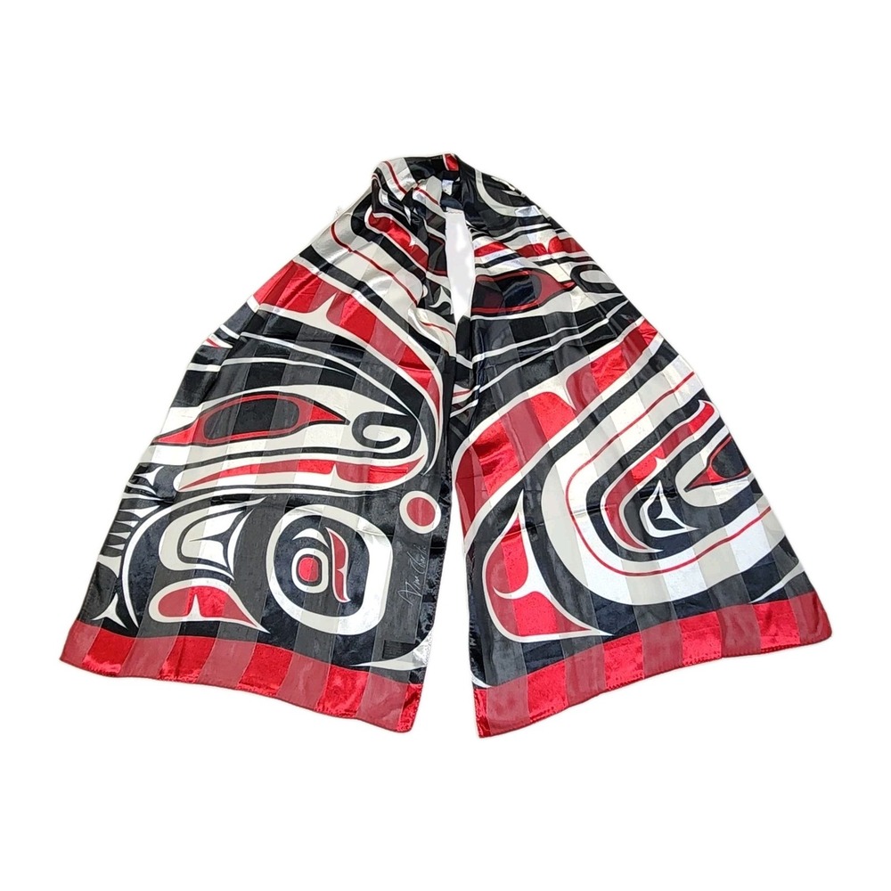 Jim Charlie Wolf Scarf Indigenous Coast Salish Art Red Black Satin 60x14